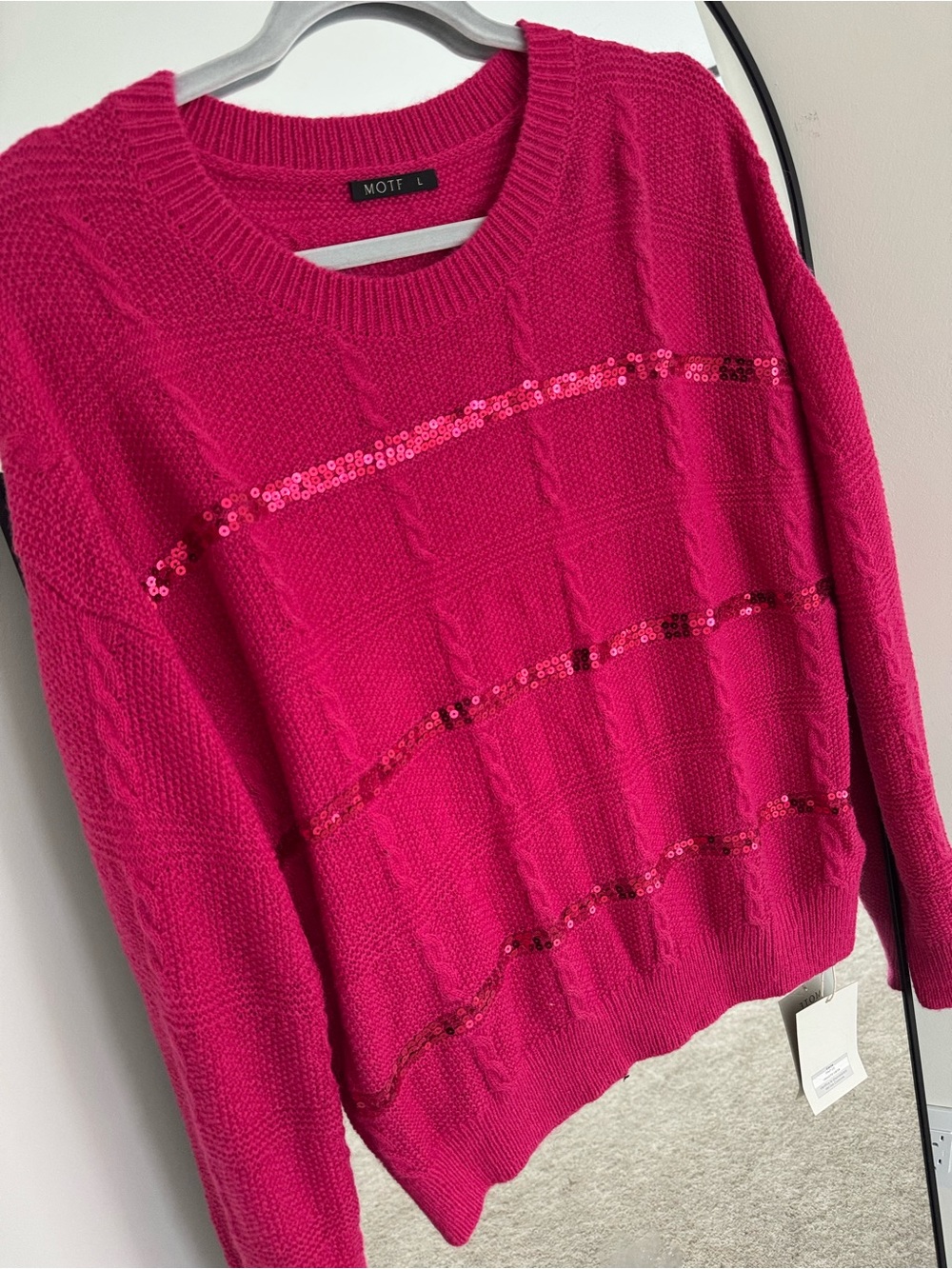 MOTF Hot Pink Sequin Cable-Knit Crew Sweater